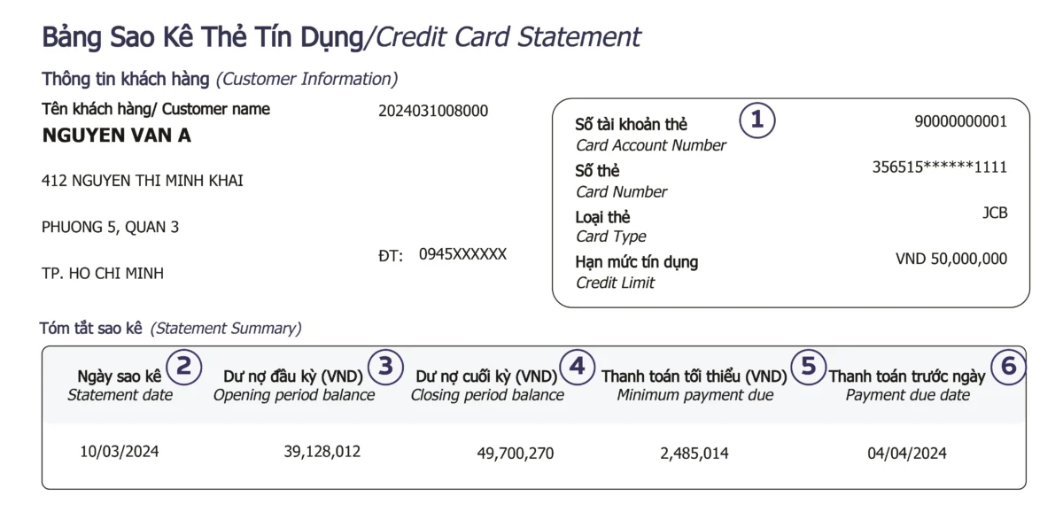 Mẫu sao kê thẻ tín dụng - nguồn: BVBank - Ngân hàng TMCP Bản Việt